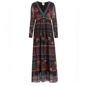 NWT RARE FARM Rio Black/Multicolor Embroidered Floral Long Sleeve Maxi Dress L